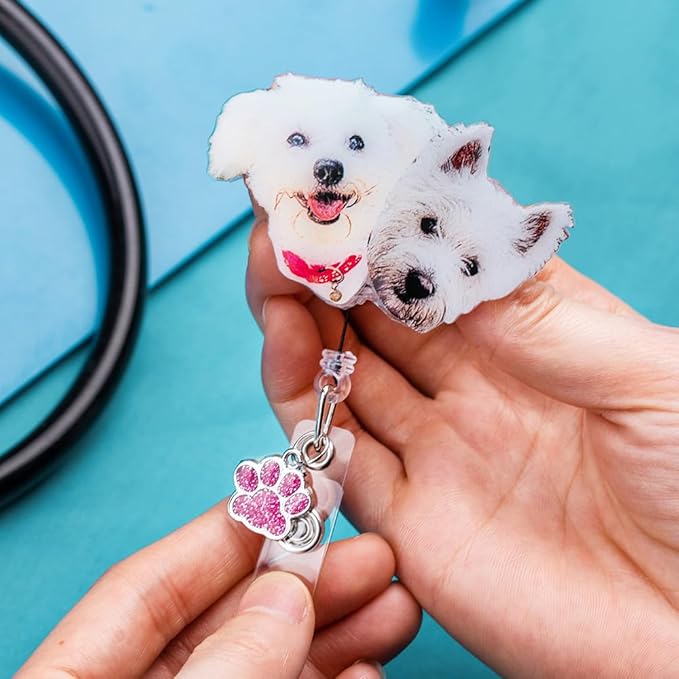 callie Personalized Pet Badge Reel - Custom Dog & Cat Photo, Cute ID Badge Holder Retractable with Alligator Clip & Paw Charm, Gifts for Dog Lover Nurse Vet Doctor（3 Pets）