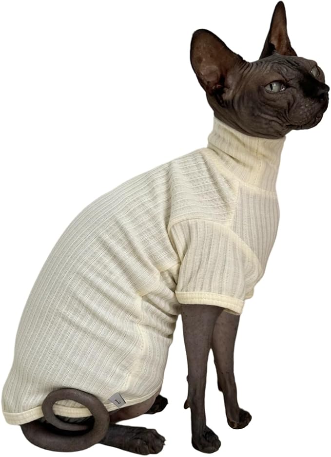 Sphynx Cats Shirt Cat Turtleneck Cotton Sweater Pullover Kitten T-Shirts with Sleeves Cat Pajamas Jumpsuit for Sphynx Cornish Rex, Devon Rex, Peterbald (White, Small)