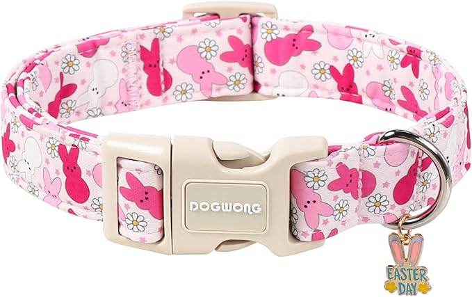 DOGWONG Easter Dog Collar, Cute Easter Pink Bunny Pet Collar Durable Holiday Girl Boy Adjustable Cotton Dog Collars for Small Medium Dogs,M Visit The Elegant Little Tail Store