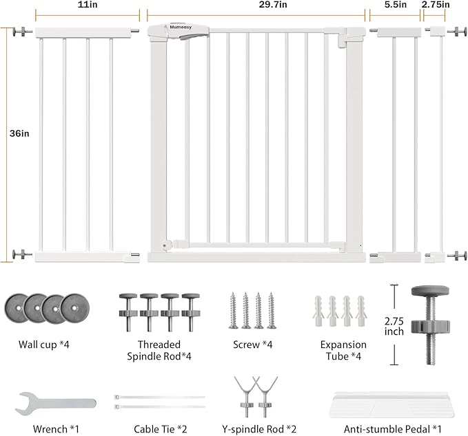 Mumeasy 36" Extra Tall Baby Gate for Stairs, 29.7-51" Wide Dog Gates Indoor for Doorways with Easy Walk Thru, Auto Close Pet Safety Gate for House, Pressure Mounted Metal Child Gate with Door, White