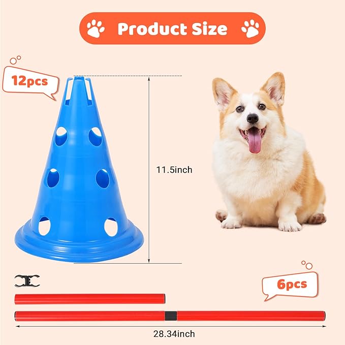 Garvee Dog Agile Hurdle Cone Set, Dog Training Agile Equipment with Height Adjustable Crossbar for Beginners & Advanced,Dog Obstacle Courses with 12 Cones & 6 Agile Rods & Carry Bag