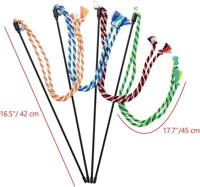 IUHKBH Cat Wands, 4 PCS Colorful Rope Cat Toys Flexible Teaser Wands Interactive Kitten String Wands, Safe Kitty Toys for Indoor