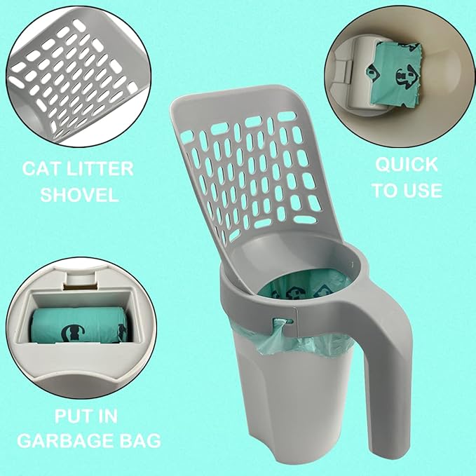 Cat Litter Scooper with Trash Container,Portable Litter Scoop Holder,Litter Scoop with Holder Provides 215 Garbage Bags,Scoop Litter Disposal System In One