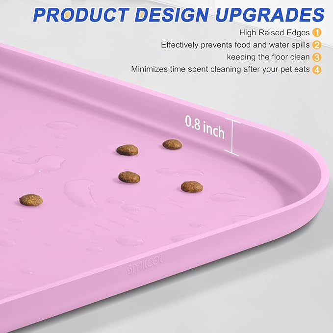 Silicone Pet Feeding Mat with Raised Edge for Food and Water, Dog Bowl Mats, Cat Bowls Placemat with High Lip for Floor Waterproof, Rubber Tray for Cats and Dogs 22 x 14 x0.8 Light Pink