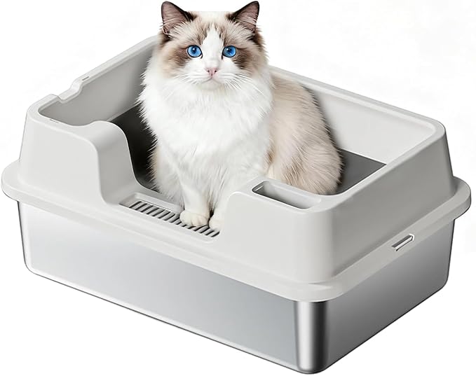 Stainless Steel Litter Box, XL Enclosed Cat Litter Boxes with Lid for Big Cats and Multi-Cats, High Sided, Anti-Urine Leakage Non-Stick Bottom Include Scoop Easy to Clean