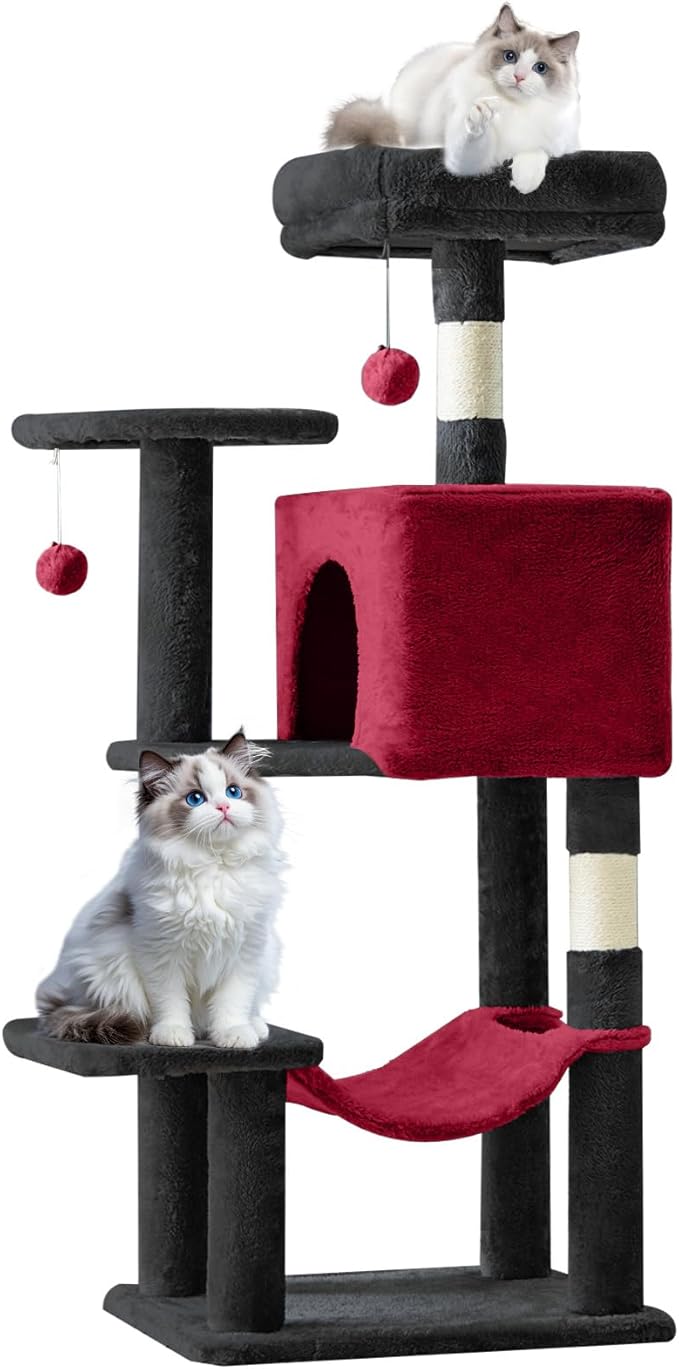 Sweetcrispy 44 inch Cat Tree Tower, Small Cat Climbing Tower with Condo, Natural Sisal Scratching Posts, Extended Platform, Hammock, Pet House for Indoor Cats and Kittens Play, Black and Red