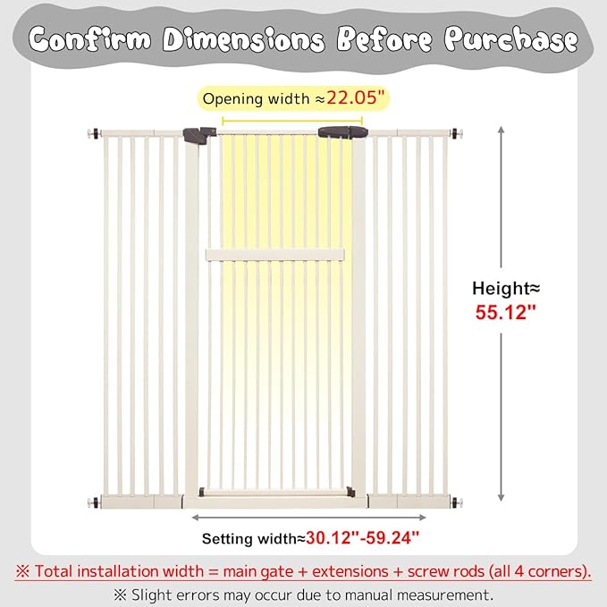 Lumizone Extra Tall Pet Gate 55.12" High Pressure Mounted 38.39"-59.24" Extra Wide (9 Sizes) 1.37" Gap for Cat Dog Stairs Doorway Hallway No Drilling Auto-Close (30.12"-59.24" W, Cream White)