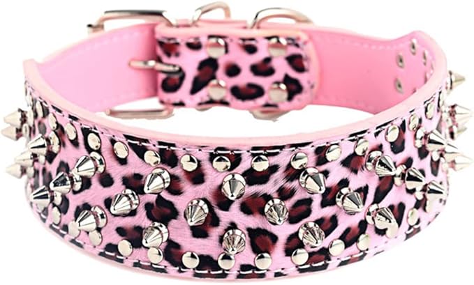 Serijoars Spiked Studded Dog Collar, PU Leather Dog Collar, Adjustable Pet Collars for Medium or Large Breed Pet (S, Leopard)