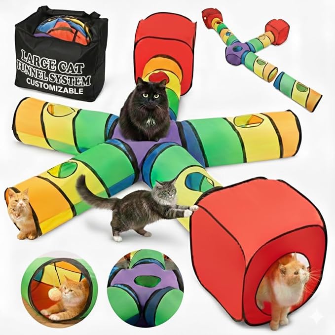 Genius Cat Tunnels for Indoor Cats - Large Customizable 5-Way Tunnel Tube System with Hanging Toys, Storage Bag, Tear-Resistant & Collapsible Play Center for Kittens, Small Dogs, & Rabbits
