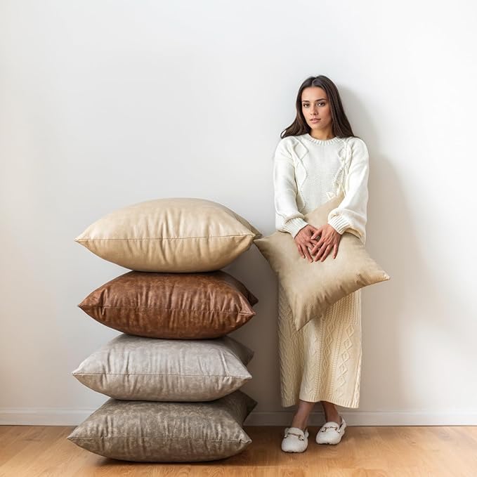 Oversized Neutral Decorative Leather Pillow Cover Pack of 2, Beige Thickened Farmhouse Abrasion Floor Cushion Cover, for Home Decor Outdoor Lounge Office Cafe Throw Pillow Covers 24x24 inch