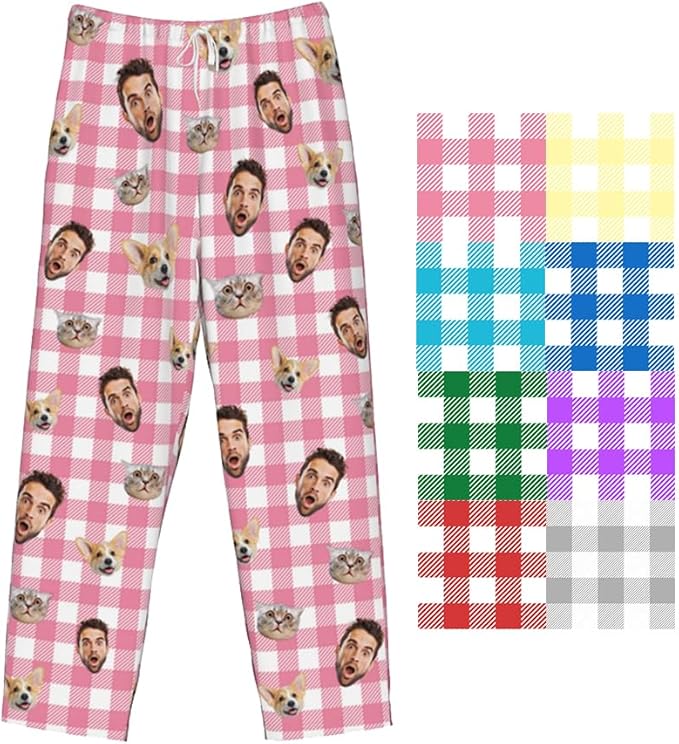 Custom Pajamas Pants Plaid Personalized Funny PJ Pant Design with Face Pajama for Men Women Dog Pet