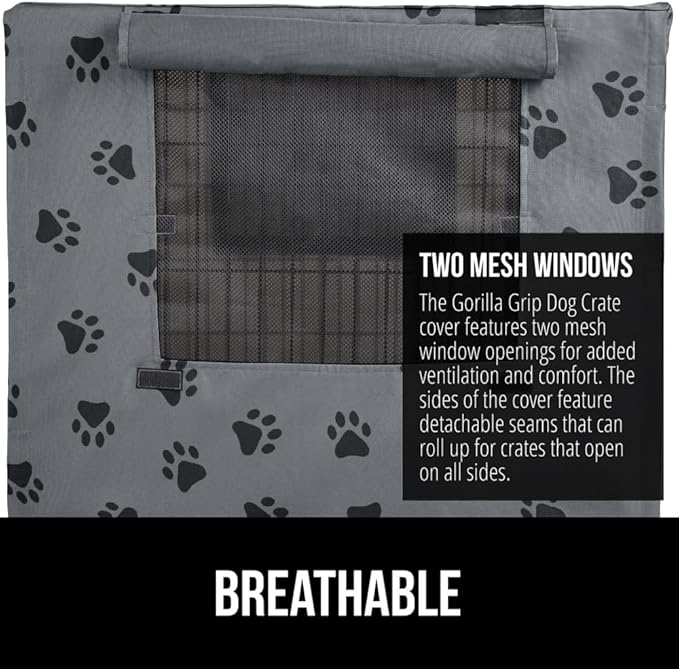 GORILLA GRIP Dog Crate Covers compatible with Amazon Basics Dog Crates, All Sides Open, Privacy Cover Fits 36" Wire Kennel, Breathable Mesh Windows, Light Reducing Puppy Training Cage Topper, Gray Paw