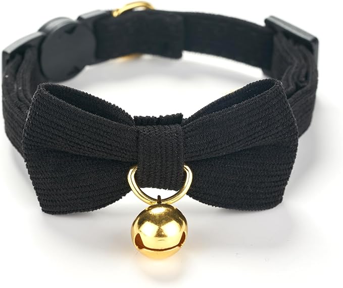 Soft Corduroy Cat Collar, Plaid Pattern, with Bell and Bowtie, Quick Release,Safety Breakaway Clasp, Adjustable for Kitten and Cats.(Black+Brown)