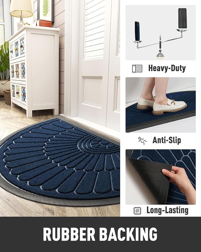 tchdio Door Mat Outdoor Indoor Entrance Doormat-Semicircular Durable Rubber Non Slip Front Door Mat for Outside Inside Entry Entryway Dirt Trapper WelcomeMat for Muddy Paws and Shoes-Blue 17”x30”