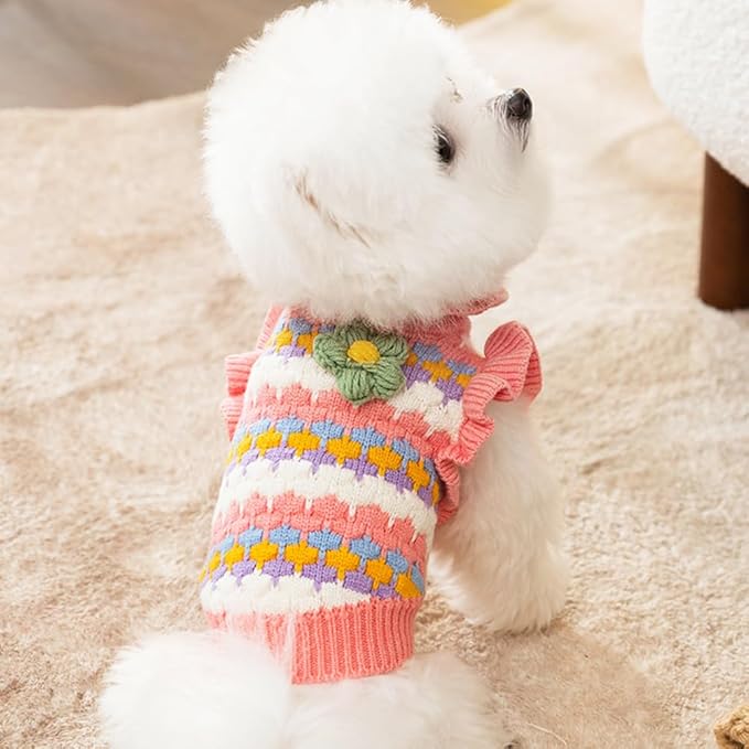 Small Dog Sweater, Knitted Tulip Cat Sweater, Warm Thick Holiday Puppy Clothes for Small Dog Girl,Cold Weather Outfit for Kitten Chihuahua Yorkie Teacup Dachshund Pug (Pink, Large)