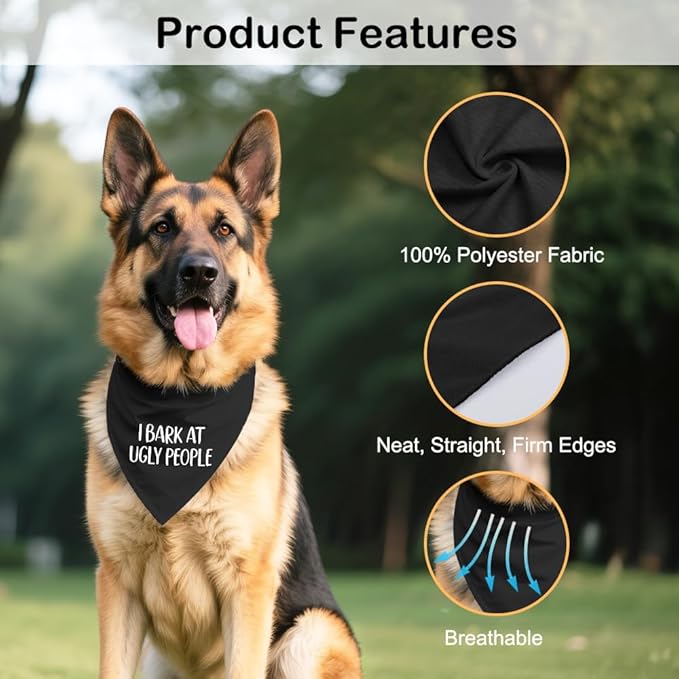 I Bark at Ugly People Black Dog Bandana, Funny Pet Scarf Accessories Decoration, Humor Adjustable Dog Bandanas Decor for Judgmental Pups, for Puppy Owner Pet Mom Dad