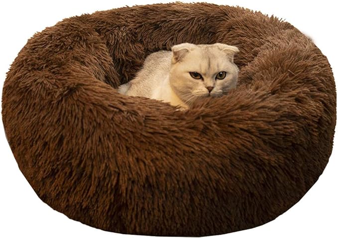BODISEINT Modern Soft Plush Round Pet Bed for Cats or Small Dogs, Mini Medium Sized Dog Cat Bed Self Warming Autumn Winter Indoor Snooze Sleeping Cozy Kitty Teddy Kennel (24'' D x 8'' H, Chocolate)