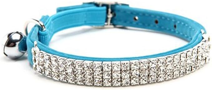 CHUKCHI Soft Velvet Safe Cat Adjustable Collar Bling Diamante with Bells,11 inch for Small Dogs and Cats (Blue)