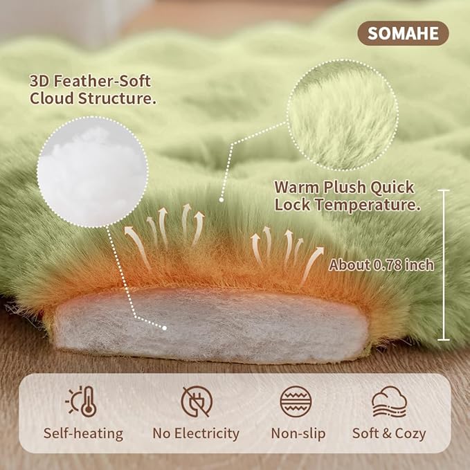 Self-Warming Dog Bed, Plush Faux Fur Mat with Anti-Slip Bottom, Ultra Soft Heated Pet Bed for Medium Large Dogs, Cozy Fluffy Pad for Carriers Couch Crate, Machine Washable, 35 x 27 Inch Green