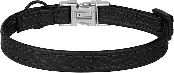 Leather Cat Collar with Buckle and Removable Bell - Non Breakaway Adjustable Soft Safety Small Pet Collars for Girl Boy Cats Kitten (Black)