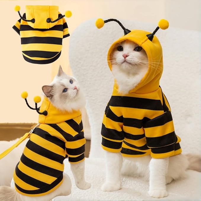 Selena Cat Bee Antennae Costume Hoodies Cute Bee Stripes Dog Kitten Puppy Pet Apparel (Large,Yellow&Black)