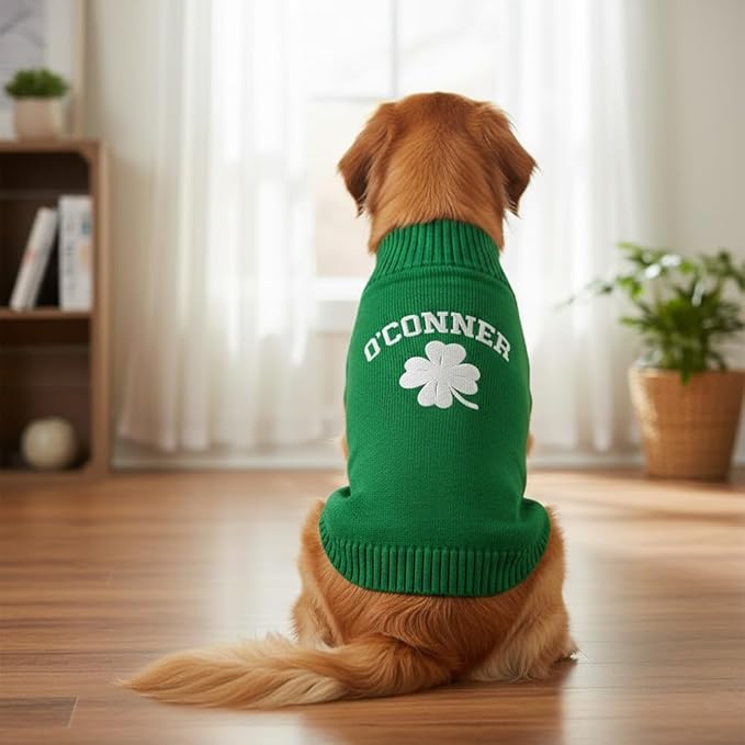 Personalized Dog Sweater, Custom Knit Sweater with Clover Embroidery, St. Patrick's Day Design for Dogs, Ideal Gift for Dog Owners, Pet Apparel Gift#1
