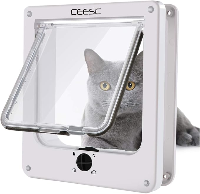 CEESC Medium Cat Door for Interior/Exterior Door, Weatherproof, White, Rotary 4 Way Locking Pet Door for Cats & Dogs with Circumference < 15.75", Upgraded Version