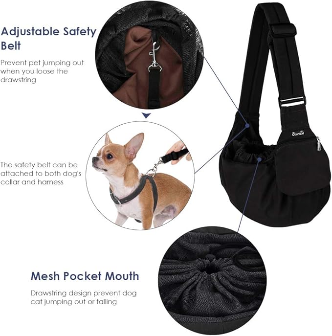 Lukovee Dog Sling Carrier, Hard Bottom Support & Adjustable Soft Padded Shoudler Strap Dog Slings for Small Dogs, Dog Purse with Drawstring Mesh Opening & Zipper Pockets for Puppy Cat Pet (Black)