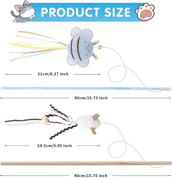 NOWFRESH Cat Wand Toy Set, 2 PCS Interactive Cat Teaser Wands with Cute Kitty & Rabbit Designs, Equipped with Bells and Streamers to Captivate Your Cat’s Attention