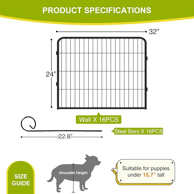 BestPet Dog Playpen 24 Inch 16 Panels Heavy Duty Metal Pet Exercise Pen Indoor Outdoor Fence Panels Anti-Skid Expandable Design