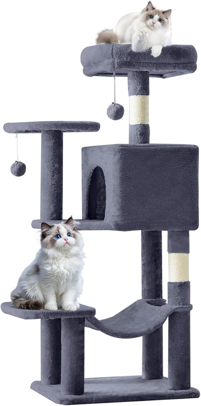 Sweetcrispy 44 inch Cat Tree Tower, Small Cat Climbing Tower with Condo, Natural Sisal Scratching Posts, Extended Platform, Hammock, Pet House for Indoor Cats and Kittens Play, Dark Grey