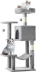 Sweetcrispy 44 inch Cat Tree Tower, Small Cat Climbing Tower with Condo, Natural Sisal Scratching Posts, Extended Platform, Hammock, Pet House for Indoor Cats and Kittens Play, Light Grey