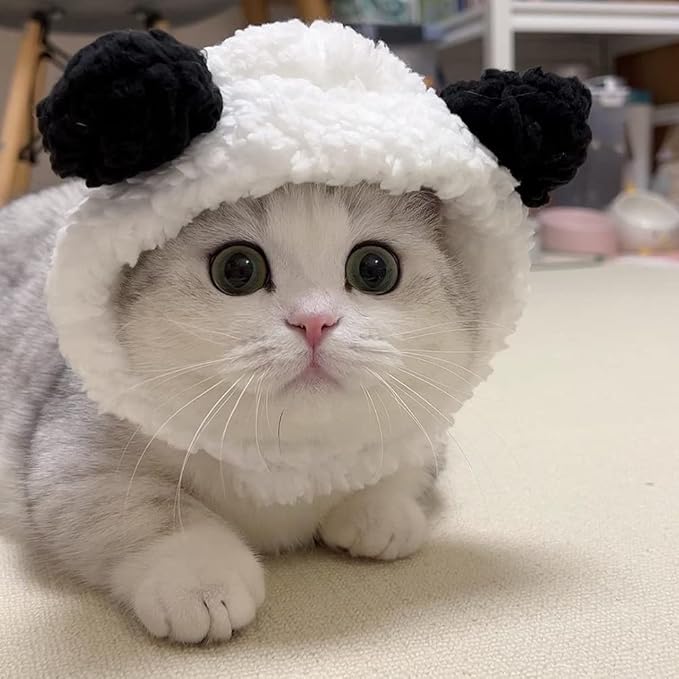 JOICEE Cute Cat Costume - Warm Bear Hat for Small Pets (Black & White)