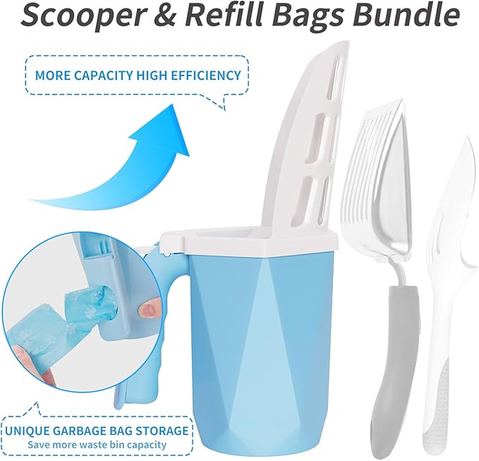 Cat Litter Scoop, Cat Litter Scooper with Holder for Litter Box Includes 10rolls (150pcs) Litter Bags, Large Shovel and Waste Storage Container, 3 in1 Portable Kitty Poop Disposal System (Blue)