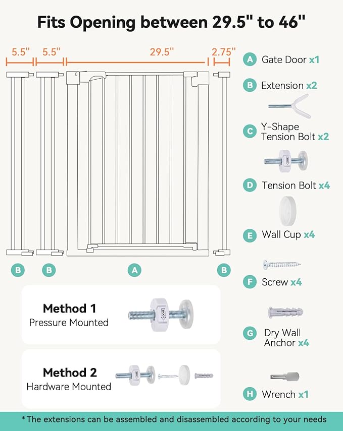 COMOMY 36" Extra Tall Baby Gate for Stairs Doorways, Fits Openings 29.5" to 40.6" Wide, Auto Close Sturdy Safety Dog Gate for House, Pressure Mounted Easy Walk Through Pet Gate with Door, White