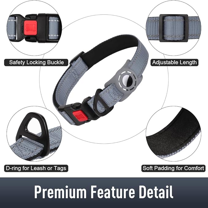 Airtag Dog Collar with AirTag Holder for Large Dogs, Reflective, Soft Padded & Safety Locking Buckle, Nylon Pet Collars Adjustable for All Breeds, Grey,XL