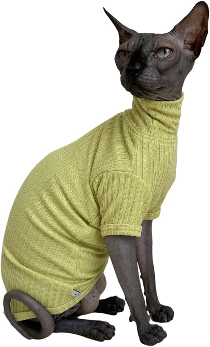 Sphynx Cats Shirt Cat Turtleneck Cotton Sweater Pullover Kitten T-Shirts with Sleeves Cat Pajamas Jumpsuit for Sphynx Cornish Rex, Devon Rex, Peterbald (XX-Large (Pack of 1), Green Yellow)