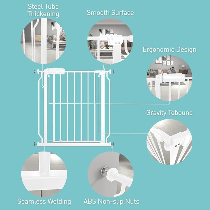 WAOWAO Baby Gate 4.71" Extra Wide Pressure Mounted Walk Through Swing Auto Close Safety White Metal Toddler Kids Child Dog Pet Puppy for Stairs,Doorways,Kitchen