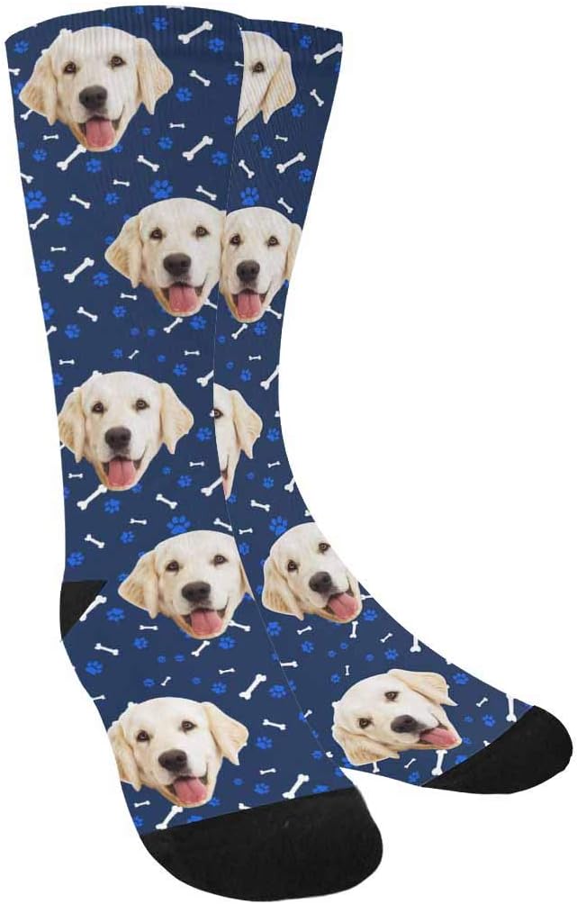 MyPupSocks Custom Personalized Photo Pet Face Socks, Cat and Dog Tracks Paws Bones Crew Socks with Picture for Men Women