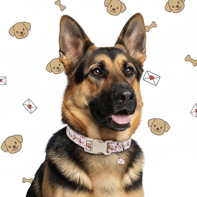 Pink Dog Collar, Girl Dog Collar with Cute Dogs and Hearts, Cute Spring Summer Food Collar with Soft & Breathable Fabric, Adjustable Pet Collar for Medium Dogs