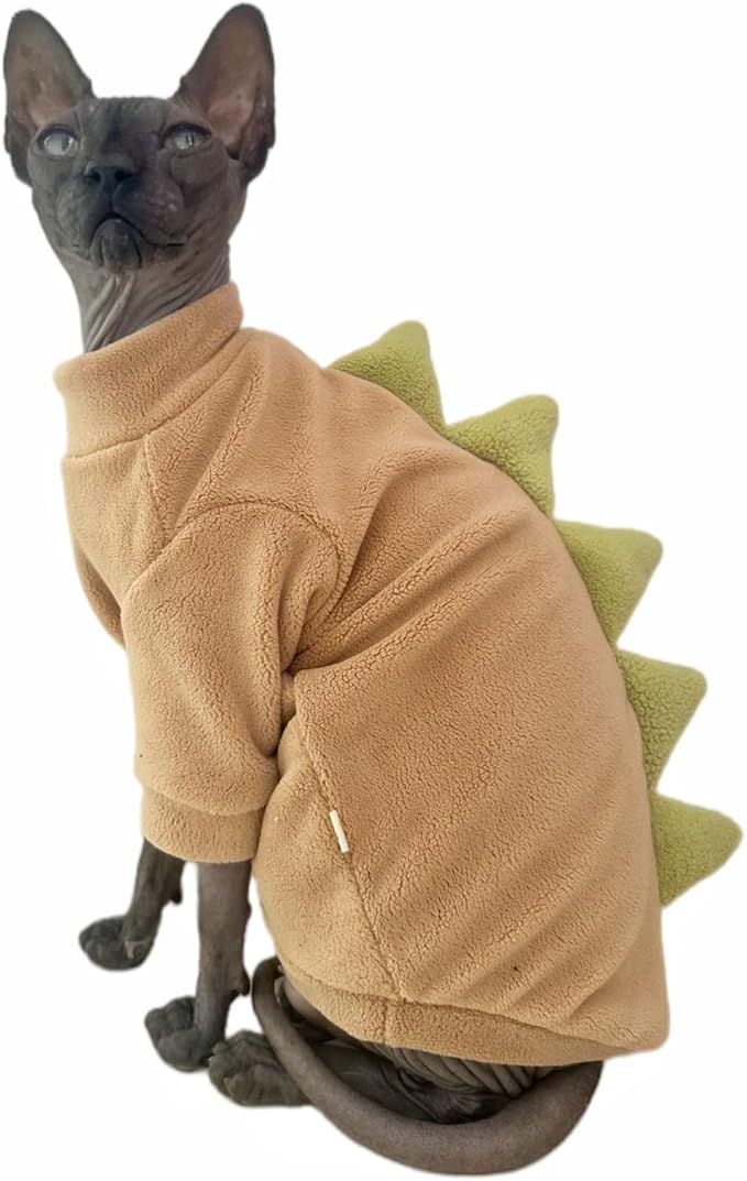 Dinosaur Sphynx Cat Clothes, Soft Polar Fleece Sweater for Cat, Elastic Pet Clothes Thick Winter Warm Outfit for Hairless Cat, Devon, Cornish, Small Dogs Apparel with Sleeves (Khaki, XX-Large)