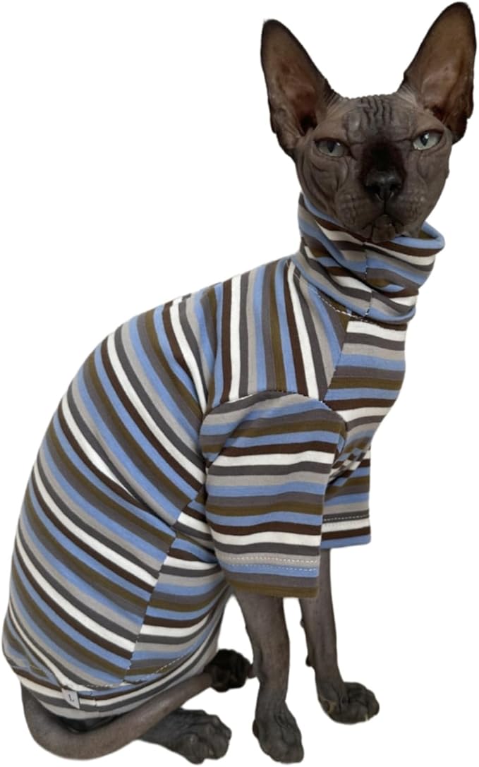 Vintage Stripes Sphynx Hairless Cats Shirt Cotton Cat Turtleneck Pet Clothes Kitten T-Shirts with Sleeves for Sphynx Cats (Storm, Small)