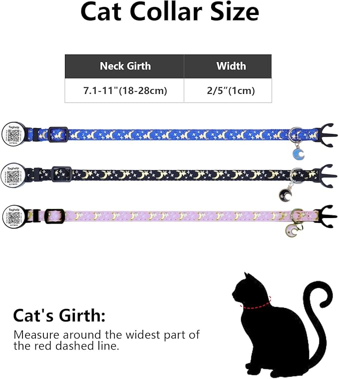 Stars and Moon AirTag Cat Collar with AirTag Holder,Air Tag Cat Collar for Apple. Solid & Safe, Pet Collar, Breakaway Cat Collar, Scan QR for Instant Location Alerts.NO APP(Black)