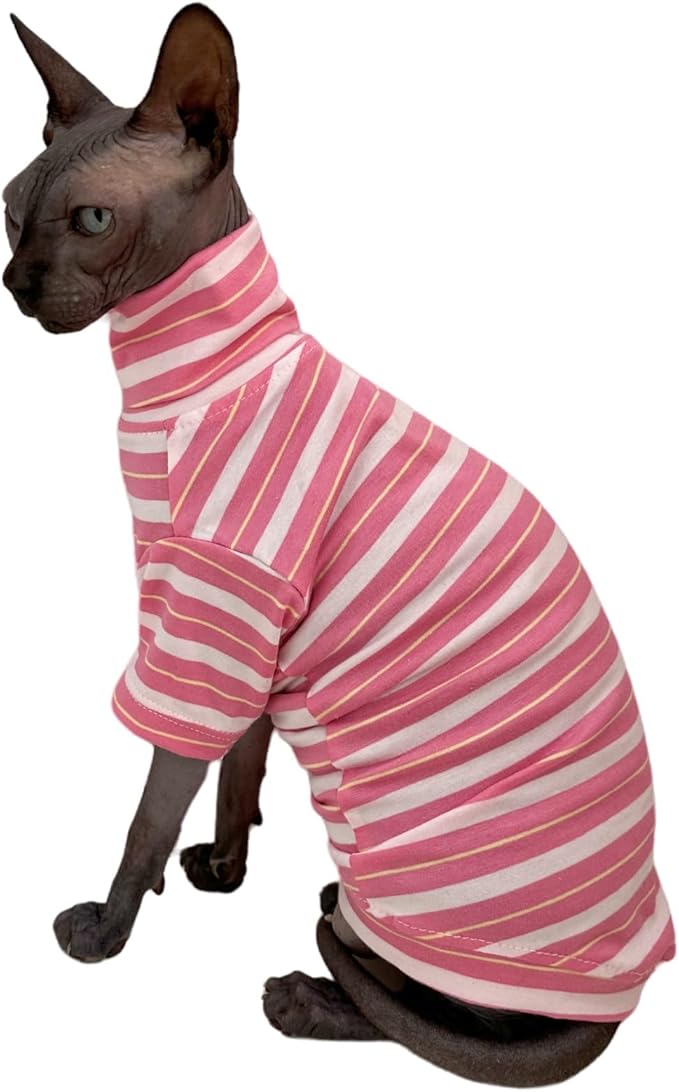 Vintage Stripes Sphynx Hairless Cats Shirt Cotton Cat Turtleneck Pet Clothes Kitten T-Shirts with Sleeves for Sphynx Cats (Sakura, X-Large)