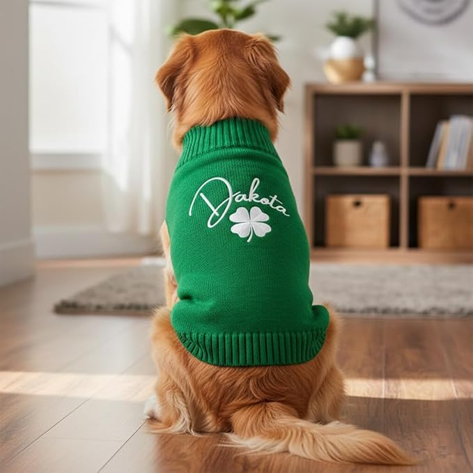 Personalized Dog Sweater, Custom Knit Sweater with Clover Embroidery, St. Patrick's Day Design for Dogs, Ideal Gift for Dog Owners, Pet Apparel Gift#4