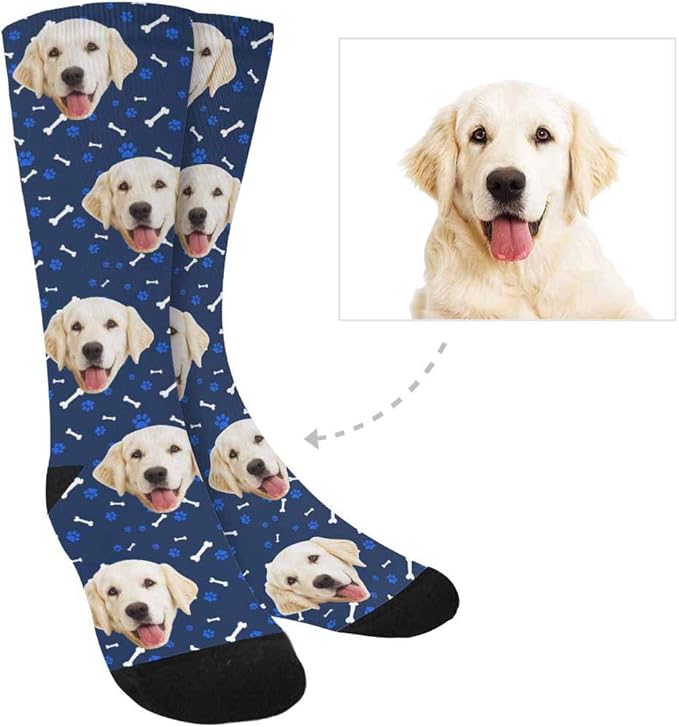 MyPupSocks Custom Personalized Photo Pet Face Socks, Cat and Dog Tracks Paws Bones Crew Socks with Picture for Men Women