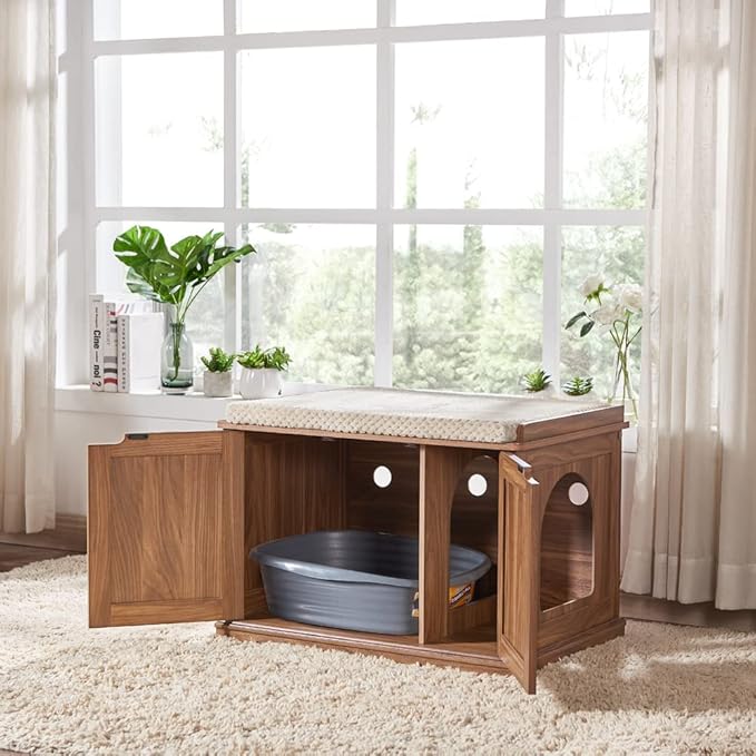 unipaws Cat Litter Box Enclosure Furniture, Hidden Litter Box Cover Washroom, Dog Proof Cabinet House for Large Cat, Hideaway Litter Box, Walnut