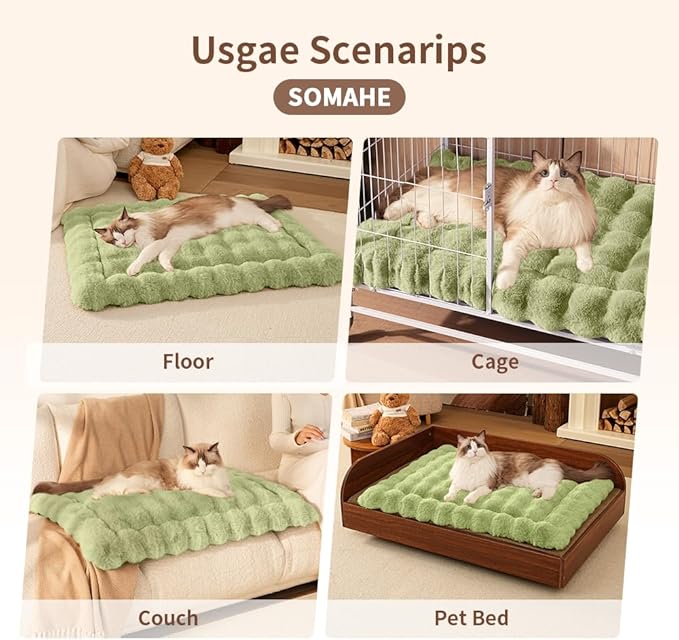 Self-Warming Cat Bed, Plush Faux Fur Pet Bed Mat with Anti-Slip Bottom, Ultra Soft Heated Pad for Cats & Kittens, Cozy Fluffy Bed for Window & Sills Couches, Machine Washable, 23x15 Inch Green