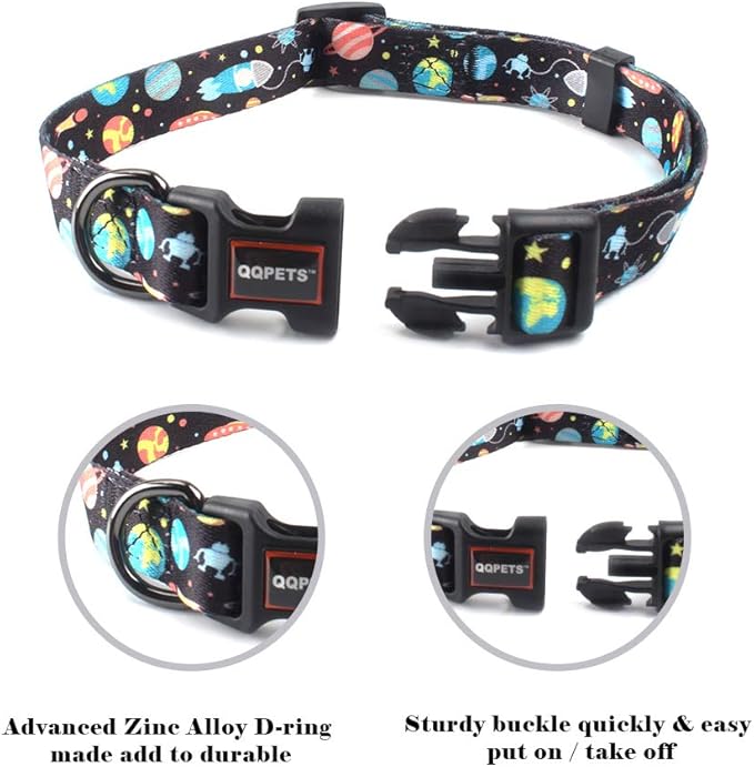 QQPETS Adjustable Soft Dog Collar: Print Flower Pink Multicolor Cute Patterns for XS Small Medium Large Pet Girl Boy Puppy Walking Running Training (M, Space)