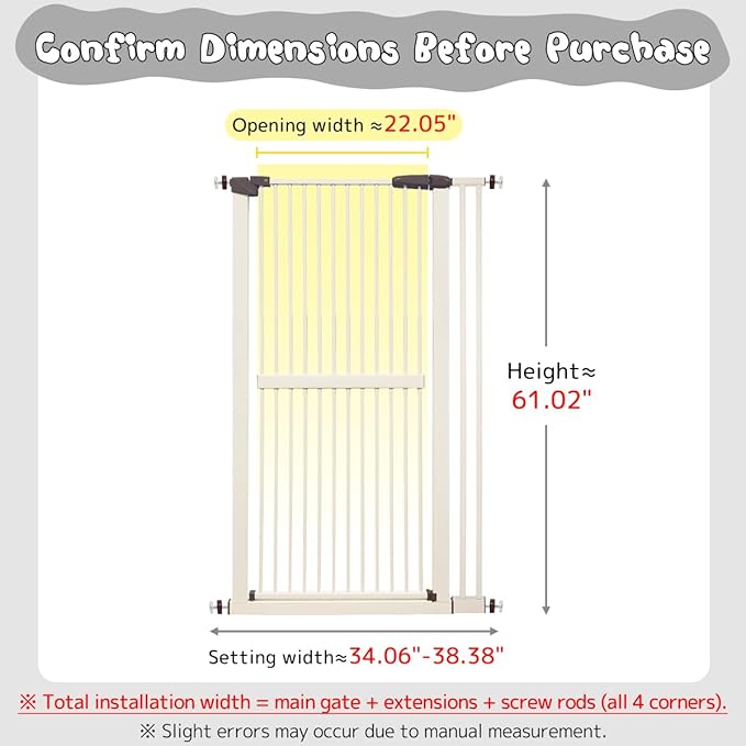 Lumizone Extra Tall Cat Gate 61.02" High Pressure Mounted Extra Wide 34.06"-38.38" (17Sizes) 1.37" Gap No Drilling Auto-Close Tall Pet Gate for Dogs (Cream, 34.06"-38.38" W)